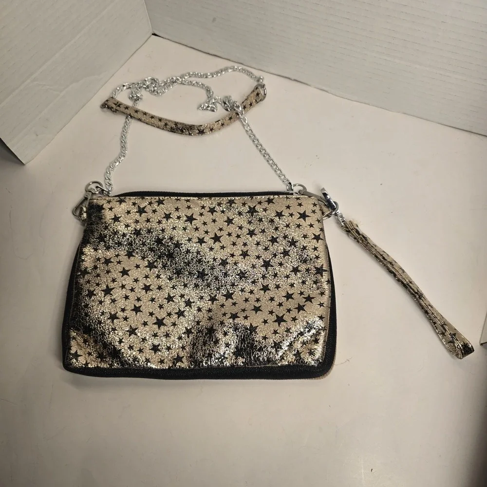 Bari‎ Lynn Gold Black Star Print Chain Strap Wristlet Clutch Handbag